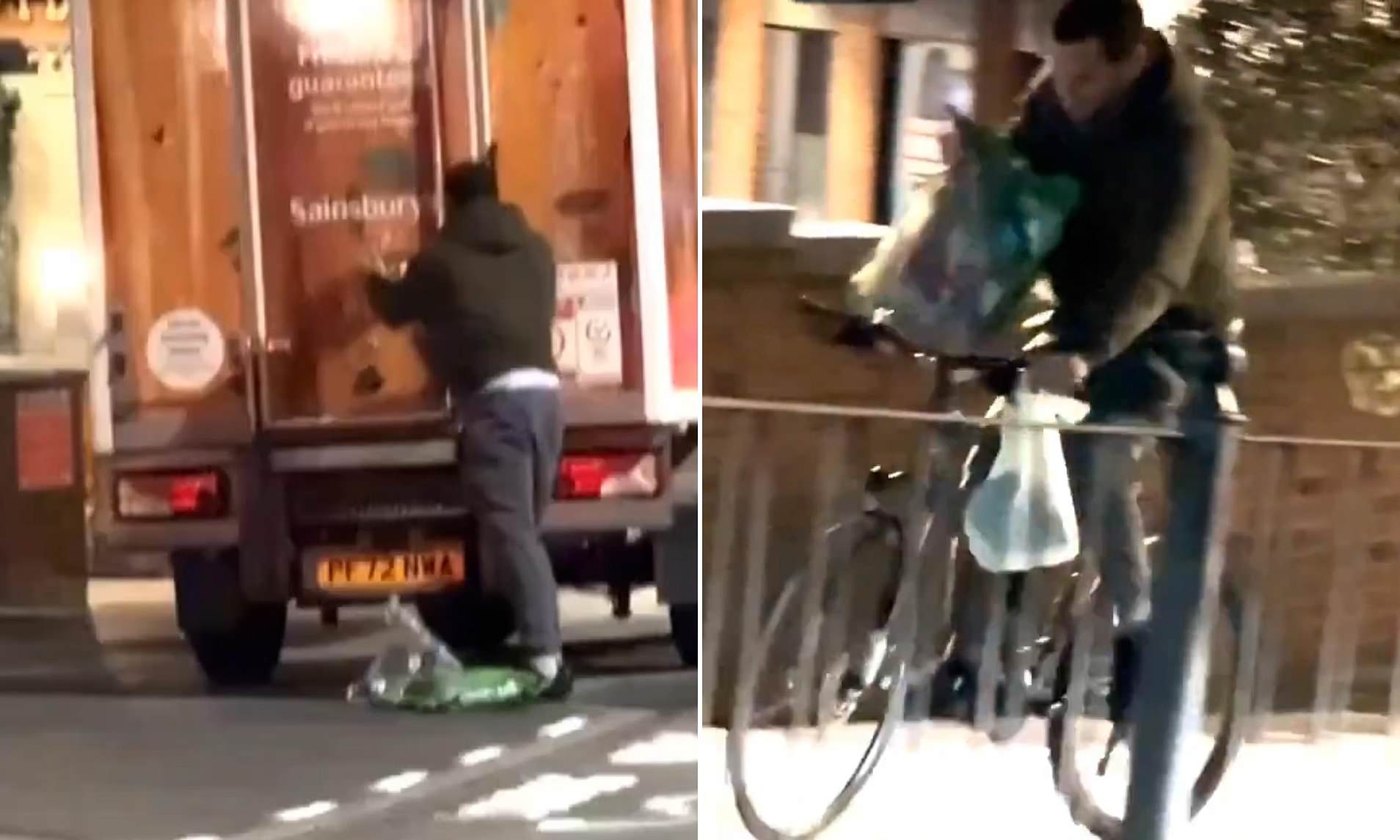 Moment ‘thief’ takes food from unmanned Sainsbury’s delivery van before ‘fleeing’ on a bicycle